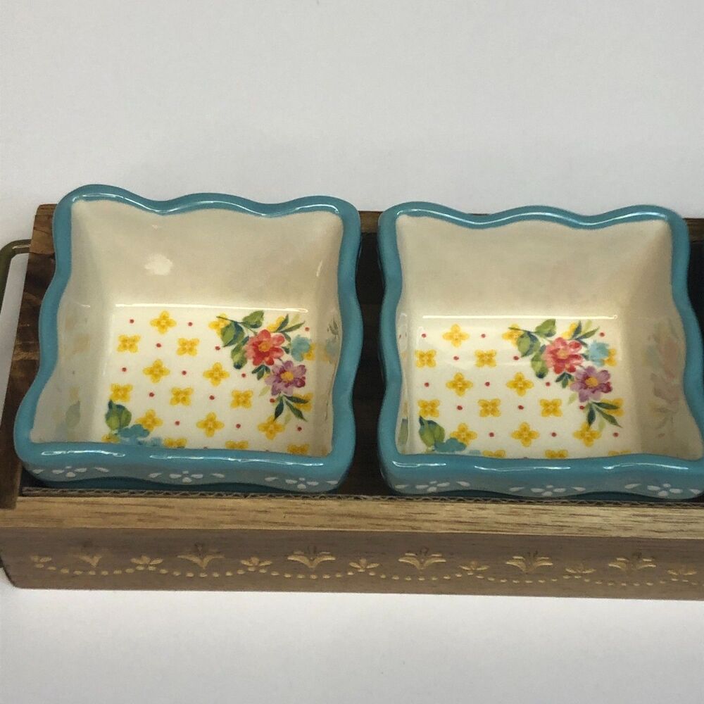 Pioneer Woman Blooming Bouquet Condiment Dish Set Mini Dip Square Bowl Wood Tray - Picture 8 of 11